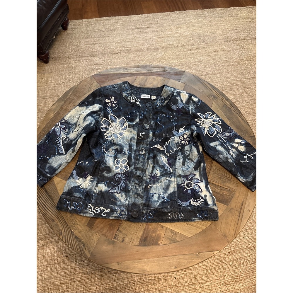 Chico's Adorn Denim Carlton Indigo Jacket Embroidered, Sequins, Beaded Sz 2